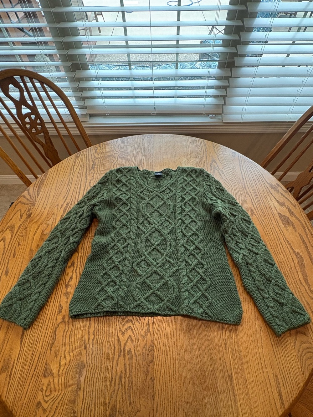 Paul James England Green Wool Fishermans Cable Knit Sweater L V-Neck Aran Style